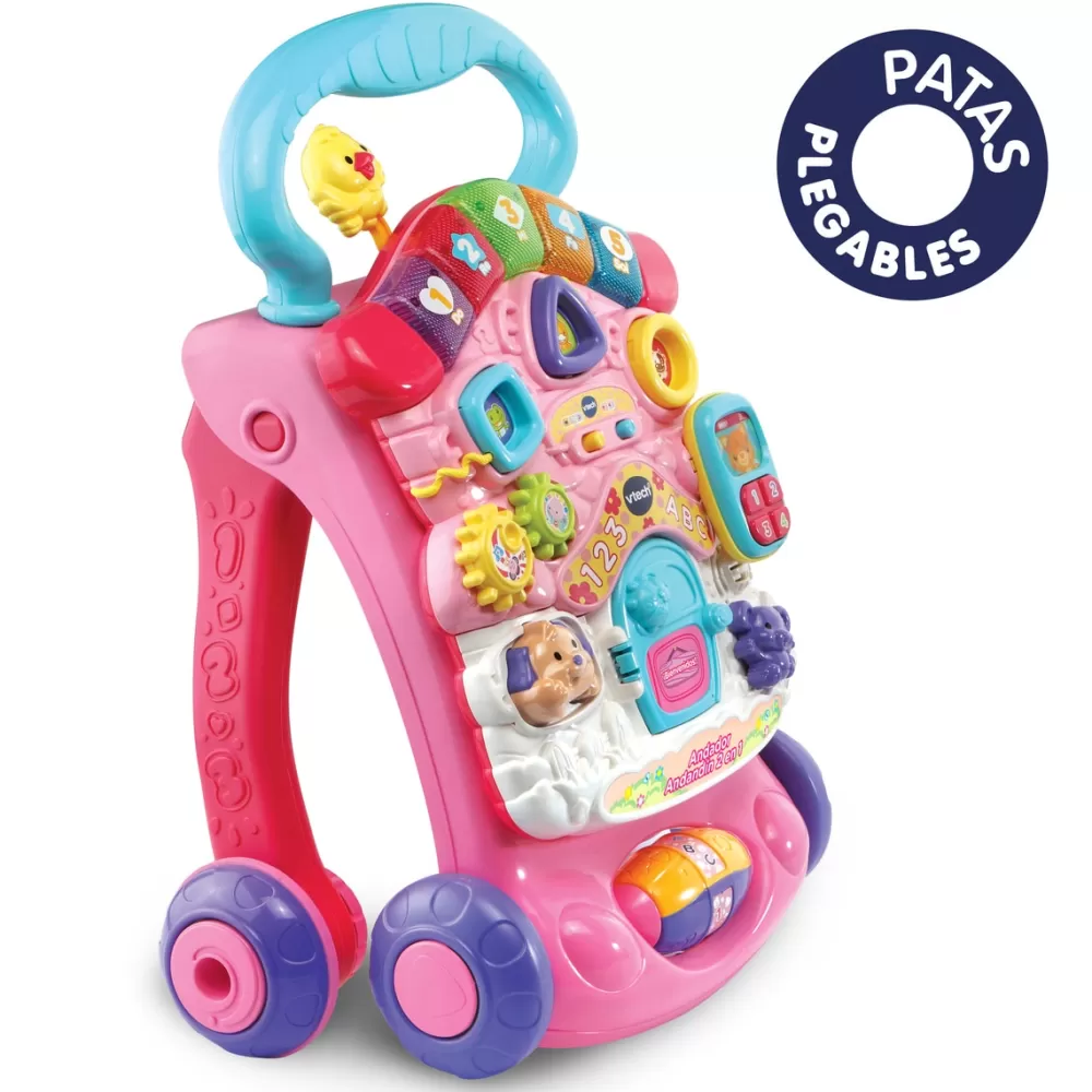 VTech Preescolar*Andador Andandin 2 En 1 Color Rosa, Correpasillos Con Panel De Actividades Extraible, Sistema Frenado, Plegable