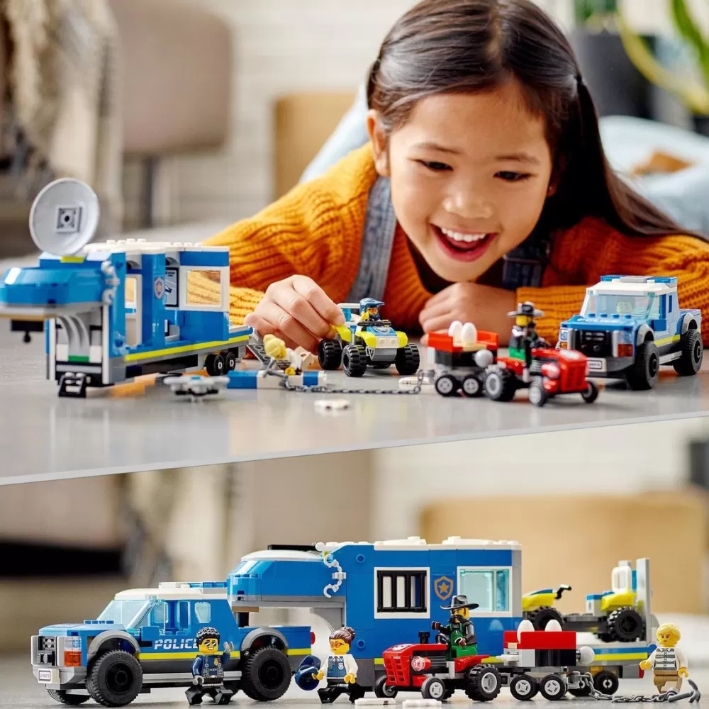 LEGO Puzzles Y Construcciones*Central Movil De Policia, Coches De Juguete Para Construir: Todoterreno Con Dron, Tractor Y Camion, City Police