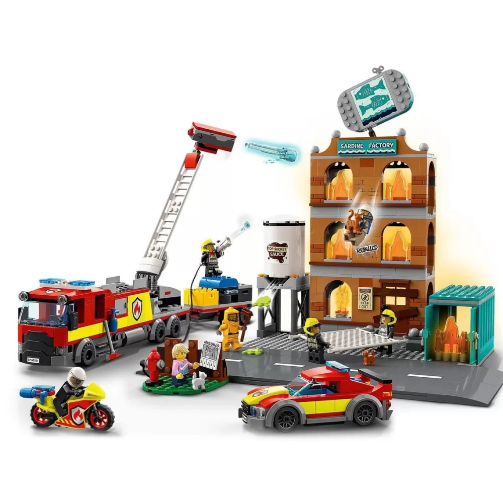 LEGO Puzzles Y Construcciones*Cuerpo De Bomberos, Set De Construccion De Edificio Con Llamas Plegables, Camion De Juguete Y Mini Figuras, City Fire