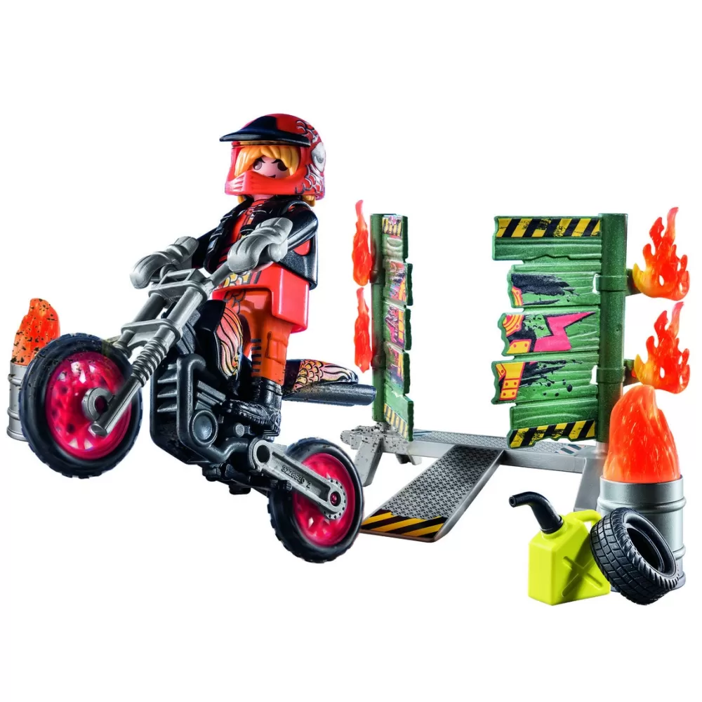 Playmobil Munecos Articulados*Starter Pack Stunt Show Moto Con Pared De Fuego Stunt Show