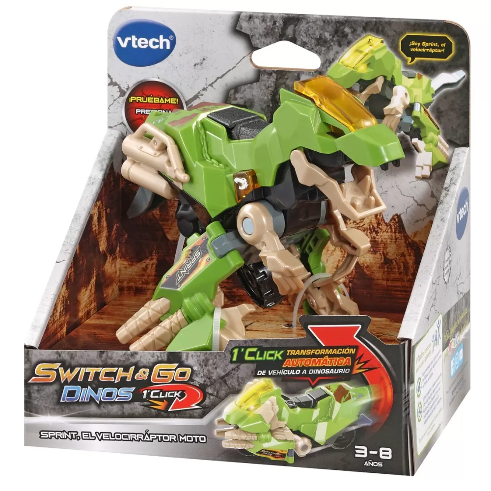 VTech Munecos Articulados*Switch&Go Dinos Oneclick, Sprint El Velocirraptor Moto, Dinosaurios Que Se Transforman En Vehiculos